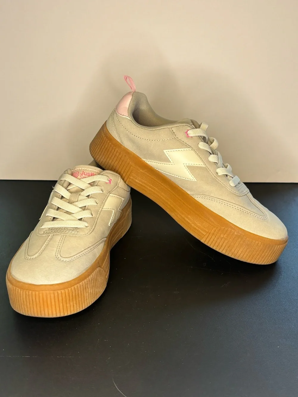 Justice Sport Cream Platform Sneakers with Gum Sole and Pink Accents Size 5